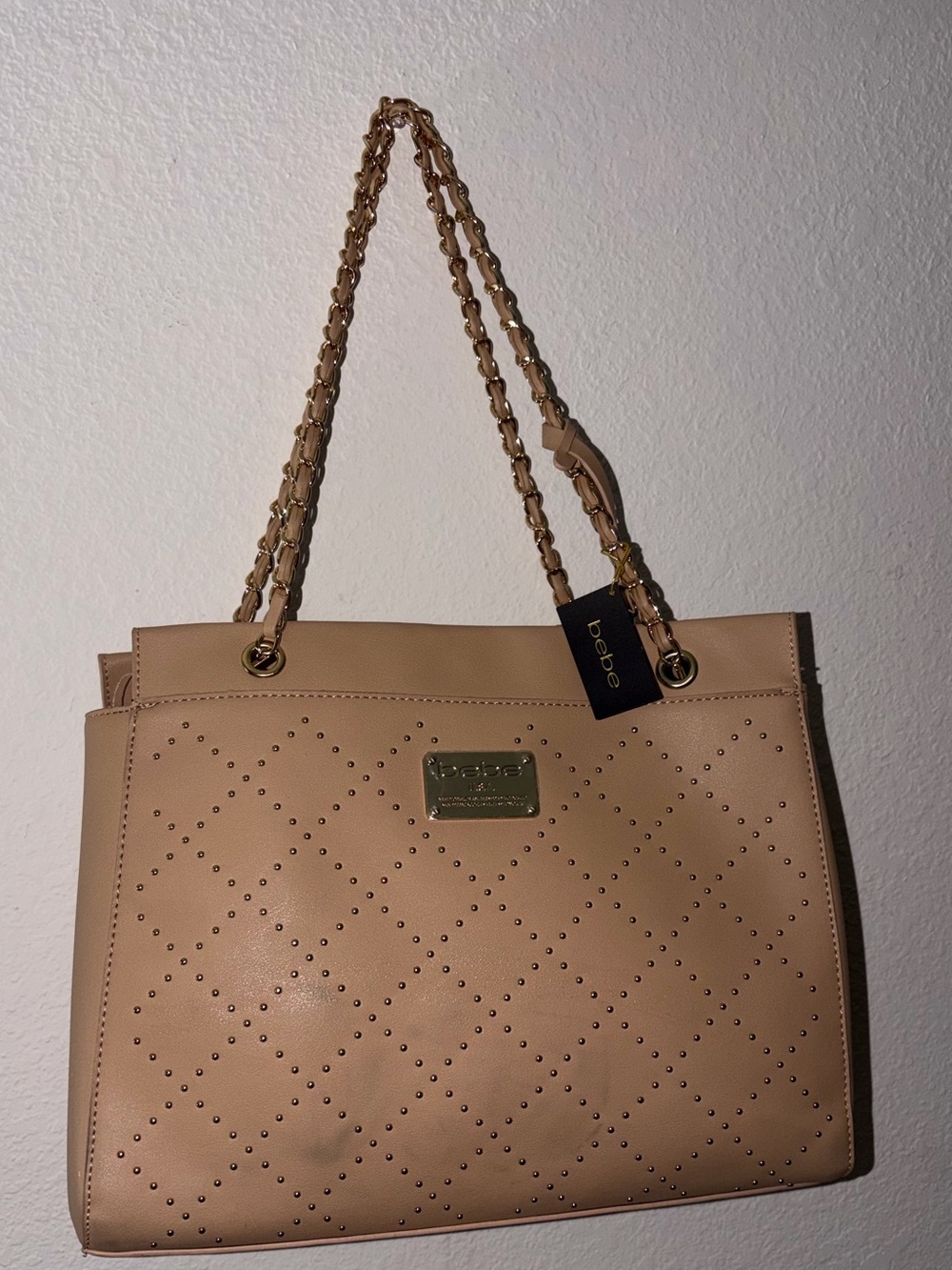 bebe Beige Studded Tote with Gold Chain Straps